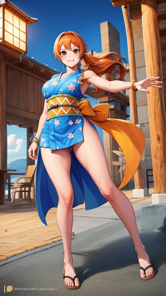 full body:1.3masterpiece, best quality, high resolution, us (piece), Long hair, Orange Hair, Low Ponytail, Headband, Blue Ribbon, Brown eyes, clavicle, cleveage, Short Kimono, Blue Kimono, sleeveless, karate,  bracelet, sash, Heart, permanent, Cowboy shooting, Challenging poses, 海滩Heart情, beautiful beach, Smile,