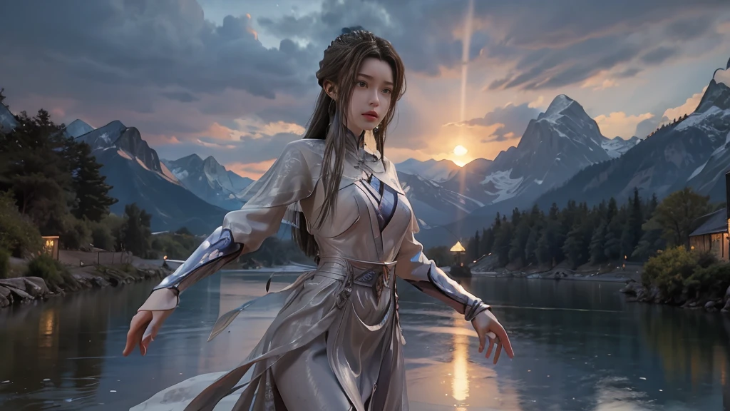 masterpiece,Game Art,Best picture quality,Maximum resolution,8k,(Upper Body),Unreal Engine 5 rendering works,(Digital Photography),(Girl dancing sword,The smile is beautiful),Short hair details,(The eyes are very delicate),(With long gray hair:1.4),(Perfect body),(Bright dress),(background:mountain peak),light,night,Ray Tracing,RAW photos,((3D Unreal Engine)),OC rendering reflection mode