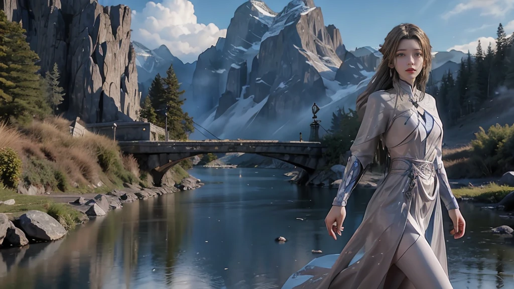 masterpiece,Game Art,Best picture quality,Maximum resolution,8k,(Upper Body),Unreal Engine 5 rendering works,(Digital Photography),(Girl dancing sword,The smile is beautiful),Short hair details,(The eyes are very delicate),(With long gray hair:1.4),(Perfect body),(Bright dress),(background:mountain peak),light,night,Ray Tracing,RAW photos,((3D Unreal Engine)),OC rendering reflection mode