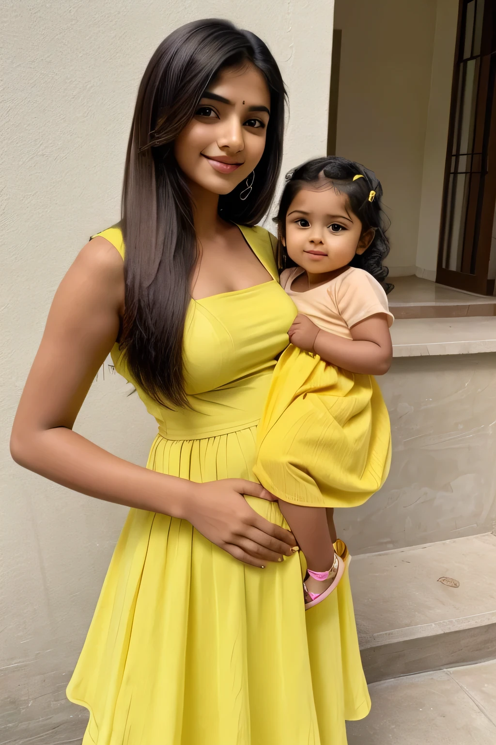  cute beautiful full hot romantic mood indian girl with smily face with pregnant with different types of Hair style with stylish trending modern different  yellow color full stunning dress with his 2 years old cu beautiful babycute full size stht full hot pic