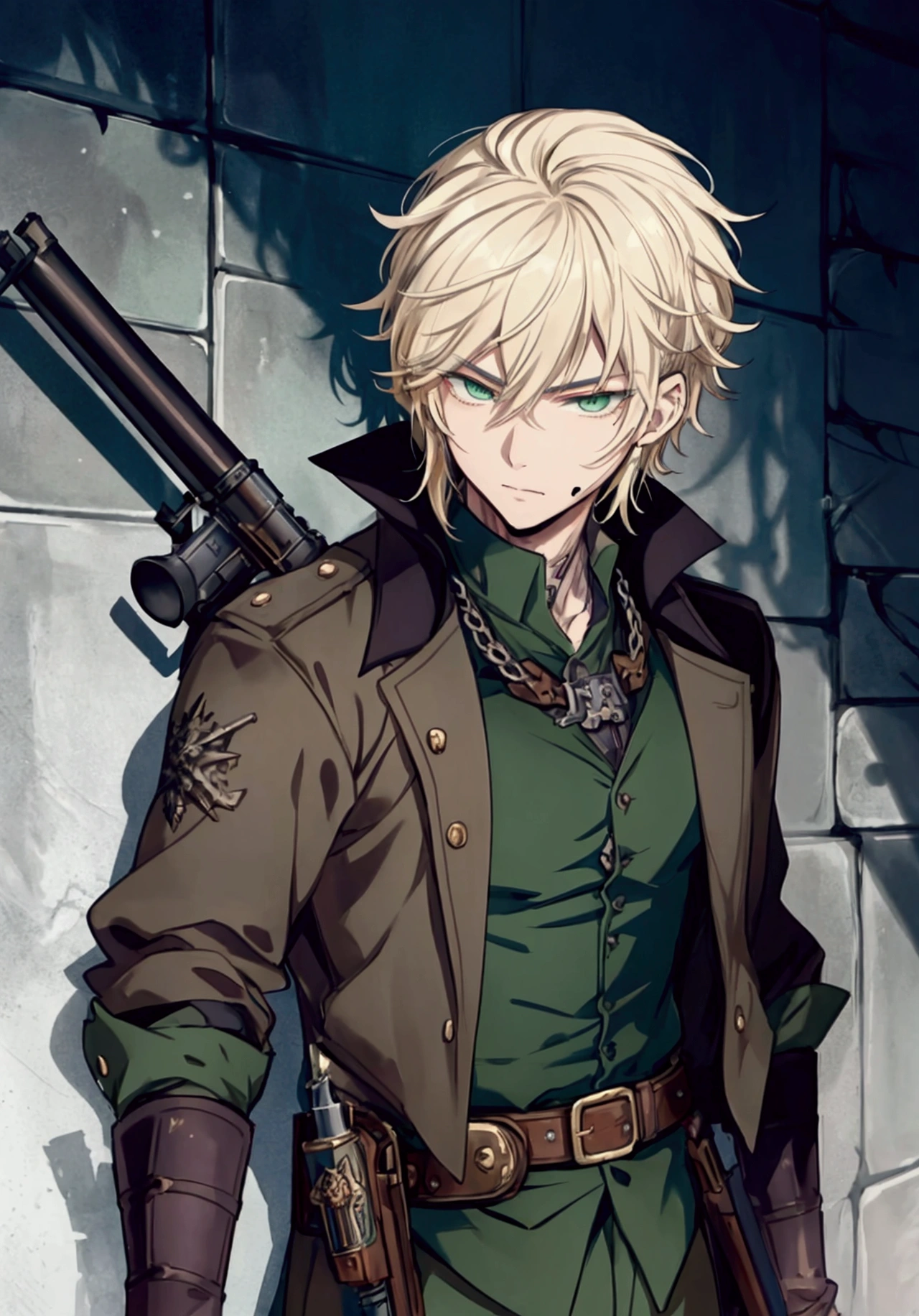 (Masterpiece), ((Highest Quality)),(Official Art),dark epic:1.2),(1 solo anime boy: 1.3). A badass gunslinger man with spiky wild hair, blonde hair, green eyes, and scar on his right cheek. He is clad in a military uniform, aiming a musket in the shadows of a steampunk city. Detailed picture. Detailed eyes. Masculine jaws. Soft fairytale picture book Arthur Rackham. Colorful, best detailed ((super detailed)), (highly detailed 2D anime boy illustration), ((dark and beautiful))