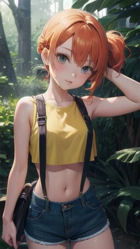 (The highest image quality, master piece:1.2), (Ultra Definition Illustration), BREAK, Misty, (1 girl:1.2), BREAK, Solo, (frustrated look:1.3), Full body, Round baby face, (Orange Hair with one pony tail:1.2), BREAK, (sleeveless short yellow crop top, exposed midriff), (bare thighs), (daisy dukes), (bare shoulders, bare arms), BREAK, in a forest