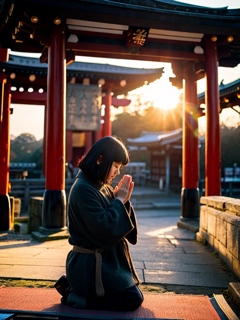 Black-haired Japanese woman praying at a shrine, winter sunrise