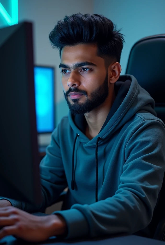Indian 21 year boy with black short hair & beared with hoodie sitting at gaming chair straight towards screen