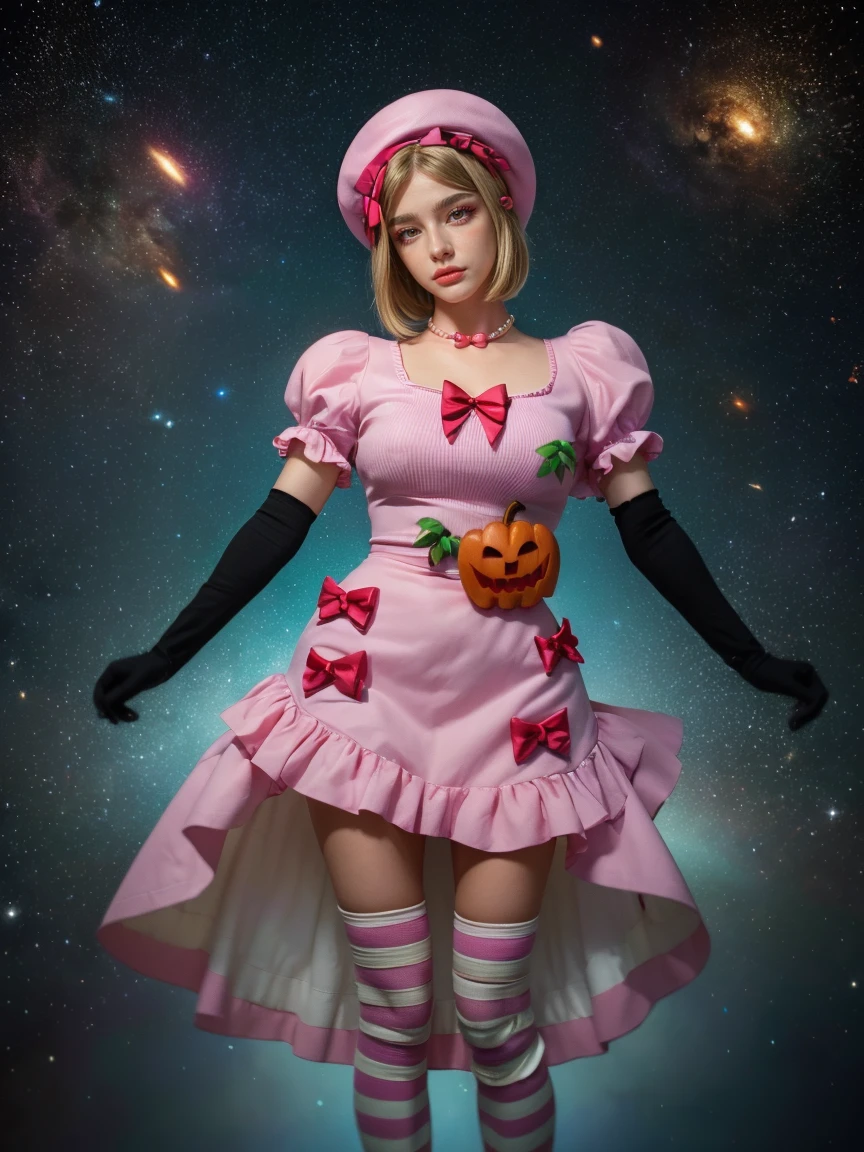 (1 lady), The beautiful, (Best quality at best:1.4), (ultra - detailed), (extremely detailed CG unified 16k), gold blonde hair, very detailed, High-definition RAW color photo, professional photoshooting, amazing face and eyes, cosmetics, (amazingly beautiful girl), ((lambdadelta, taller, tall woman, NOT Dasha Taran)), ((dress, shoes bow, red shoes, striped stockings, red bow, pink hat, necklace, gloves, pearl, pumpkin brooch, pink dress)), levitating in a cute posture (floating in the air), (She's levitating in a cosmic sea, outer space:1.3, quantum hyperspace room lacking walls, hyperspace chamber, extremely detailed background, a lot of details background, realistic background), (look from above), realistic cinematic face, head to feet long wide zoomed out view, full body long view, photorealistic, ((realistic natural blonde hair style, red eyes)), gorgeous, extremely beautiful face, perfect model beauty, pout mouth, Highly Detailed Face and Skin Texture, Detailed Eyes, Double Eyelids, Big Breasts, Persistent Stare, Faith Trance, (mystical stare, looking eternity), (masterpiece), best quality, high resolution, depth of field, cinematic lighting, amazing legs, pink combat boots, clear and well-cared skin