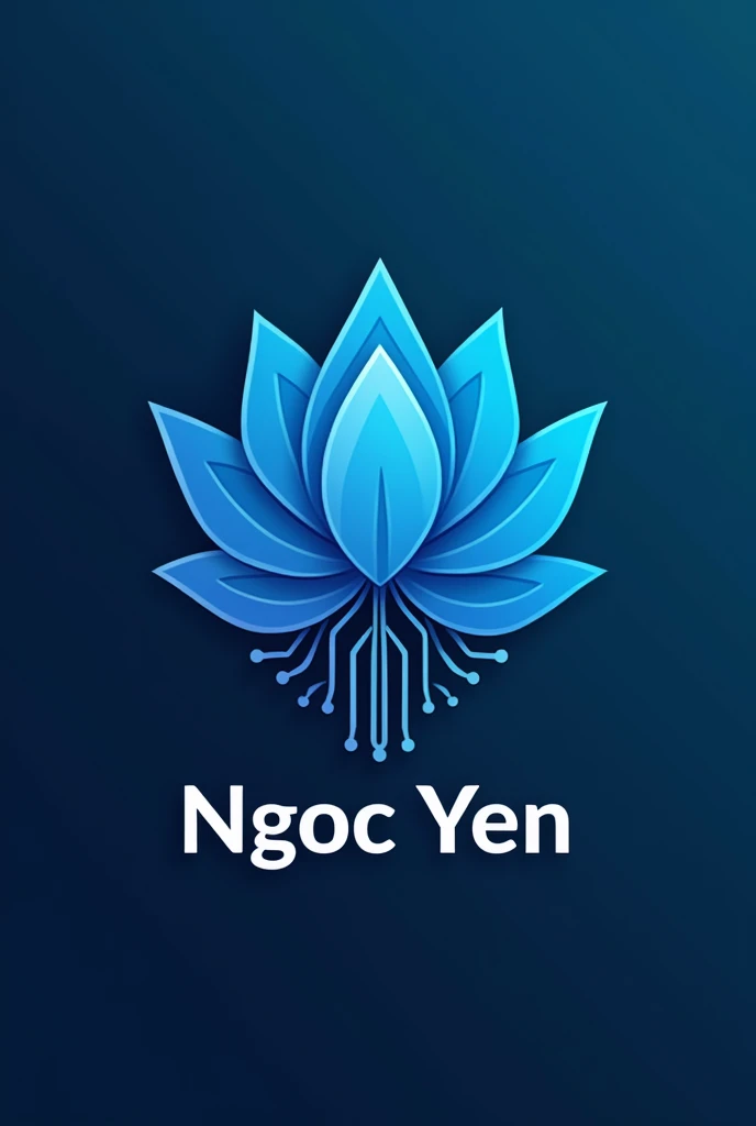 Prompt for AI Logo Design Tool:Logo Name: Ngoc YenTheme: Spiritual and TechnologicalDescription: Design a logo that merges spiritual and technological elements. The icon should feature a modern, geometric lotus flower intertwined with a digital circuit pattern. Use cool blue for the lotus, black for the circuit pattern, and white for the text “Ngoc Yen.” The design should be clean and professional, with the icon and text balanced. Ensure the text stands out clearly against the design elements.Keywords: Lotus, Circuit, Geometric, Modern, Digital, Cool Blue, White, BlackColor Scheme:Cool Blue: For the lotus and primary design elements.Black: For the circuit pattern and accents.White: For the text “Ngoc Yen.”Typography: Choose a sleek, modern sans-serif font for the text in white.Output Format: PNG