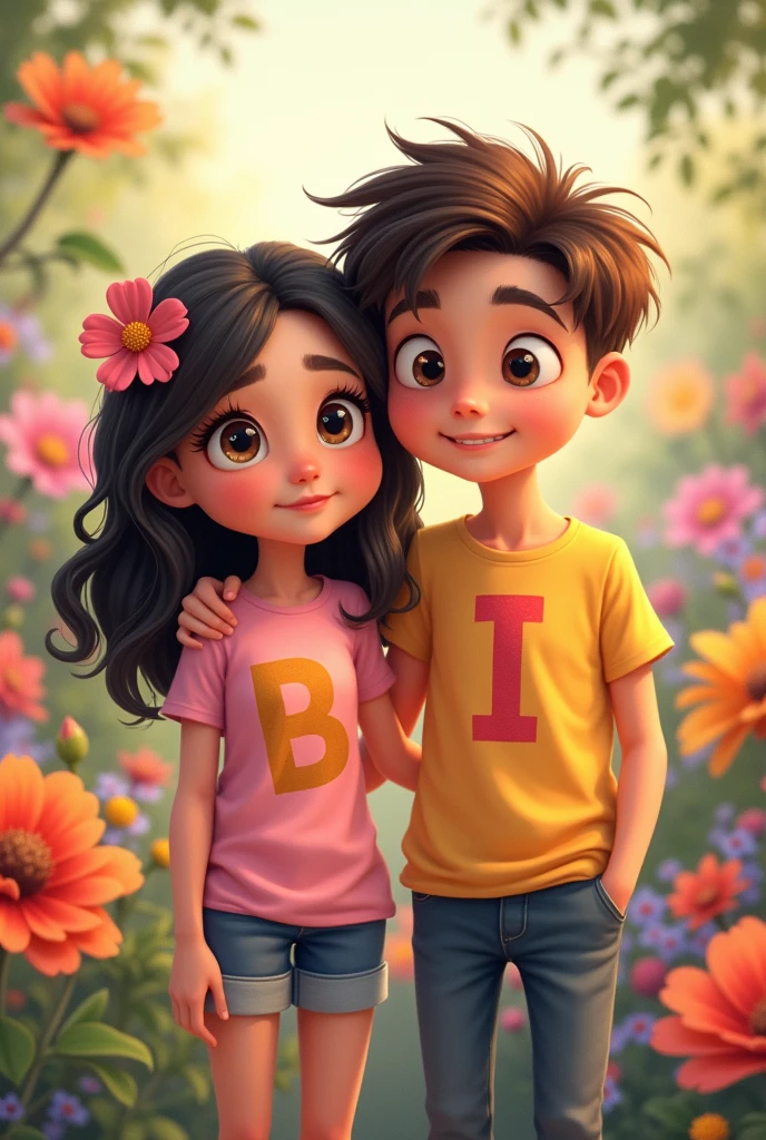 Beautiful cartoon girl wearing t shirt printed letter B and hadsome cartoon boy wearing t shirt printed letter I. They are close on flower background.