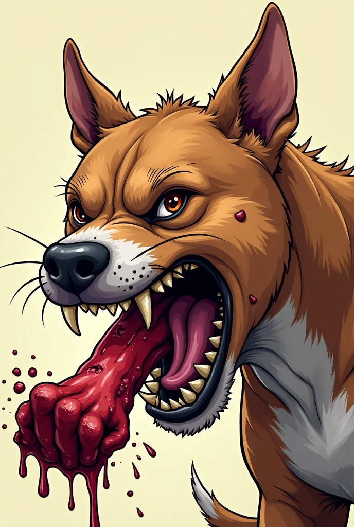 Head of a rabid pit bull with a torn arm in its mouth in a cartoon style