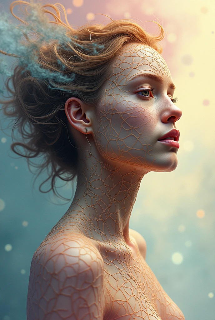 I AM a work of art A PERFECT FRONT-FACED PORTRAIT OF DIFFERENT RACES THAT SEE ALL AND THAT USES ALL THE ELEMENTS OF OTHER WORLDS surreal that IS the abstract form of a beautiful woman. His figure is composed entirely of intertwined SURREAL THINGS that come in and out, forming A BODY FROM ANOTHER WORLD. THINGS vary in thickness, some daring and others fine, creating a sensation of depth and movement. His face, partially obscured by the intricate patterns, reveals a serene and hopeful expression. The background is a dreamlike swirl of soft pastel colors that blend seamlessly with the lines., suggesting an otherworldly landscape. Subtle touches of light radiate from its shape, symbolizing hope and inner strength, as if emerging from chaos into a world of possibilities. The overall effect is both delicate and powerful., and captures the essence of beauty and hope in an abstract and surreal style. NOTABLE DEPTH OF FIELD RULE OF THIRDS 24K PHOTOSHOP-LIKE FINISH