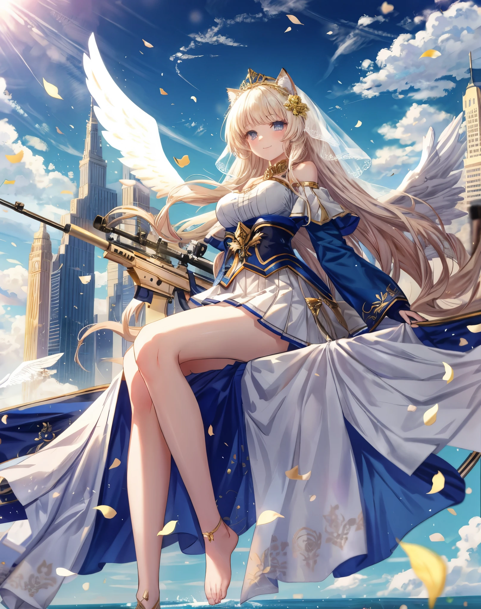 Anime nekogirl, cat_ears, 8K, cute girls、young anime girl、Portrait of an anime Nekogirl、Beautiful anime girl//Style
BREAK
//quality and charactor
gold eyes, white long curly hair,
high resolution, ultra detailed, absurderes,
((golden white Angel wings)), (off shoulders:1.3), kawaii smile
She hold a big sniper rifle, medium breast.
Sniper Rifle.
BREAK
//Fashion
Intricate white god clothes, bare shoulders, Veil details,
(gold details ),(Red details )
God dress, bare foot
(Tuckout skirt:1.3),(Skirt pull up:1.3),
bare shoulders
She is a god with a sniper rifle
BREAK
//background
Sky blue, white clouds, blurry skyscrapers, blue flower petals, scenery midair, gold hearts midair in the background
BREAK
//emotion
Thoughtful expression, Pensive, Reflective, Contemplative,
Utopian performance, lost in thought, Contemplative, Pensive,
BREAK
//effect
Blooming light effect, she is flying