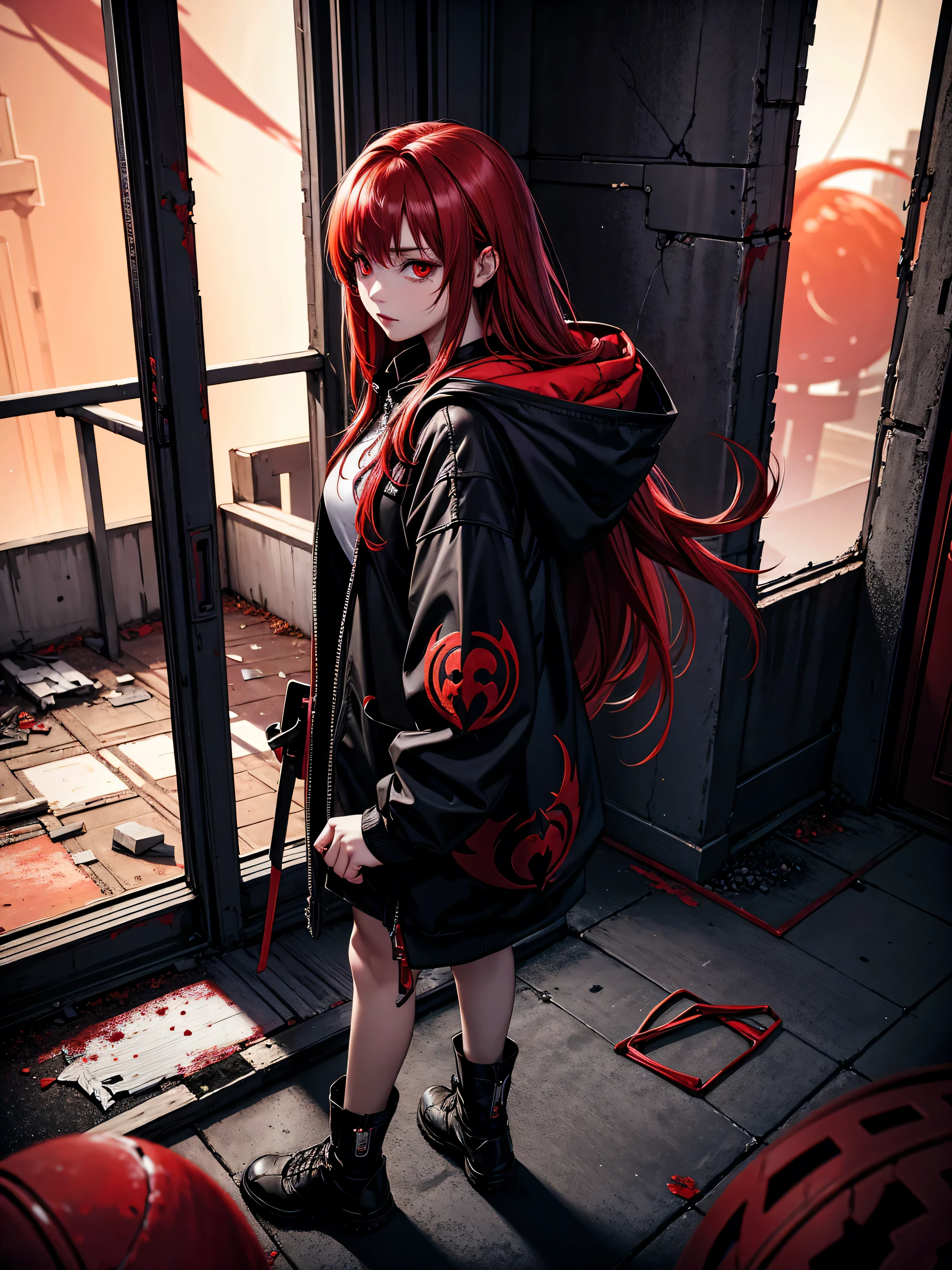 (Name: Kaira Bloodmoon), Using Hooded Assassin Light Outfit, Pretty, Beautiful, In a Abandoned Building, Red Eyes, Dramatic Killer Pose, Red Haired