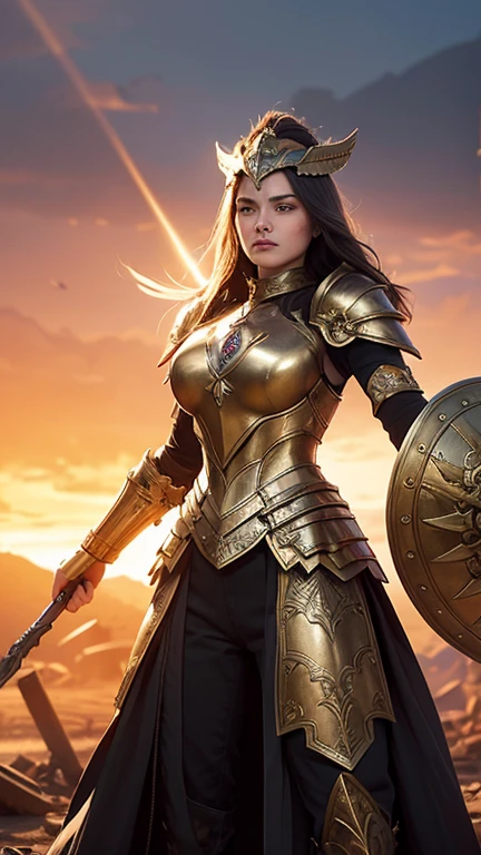 A fierce and powerful female warrior stands resolutely amidst a battlefield, her expression determined and unwavering. She is clad in intricate bronze armor that gleams with a golden hue, including a detailed breastplate and pauldrons. Her helmet, adorned with a large, plume-like crest, adds to her imposing presence. The warrior holds a large, ornate shield with a sunburst design, its surface scarred from battle. Fiery embers float in the air around her, illuminating her flowing hair and the edges of her armor. The background hints at a smoky, war-torn environment, enhancing the dramatic atmosphere