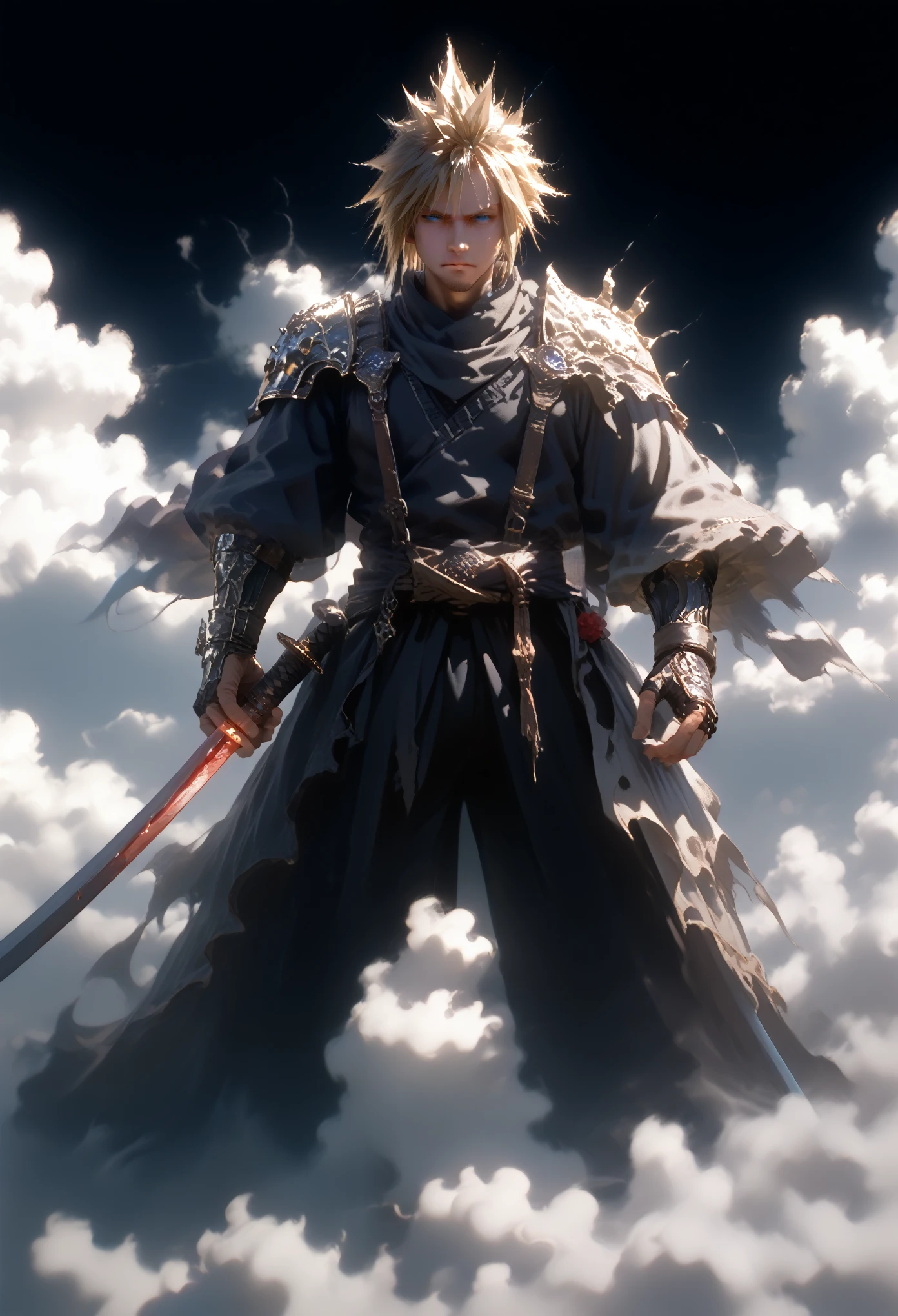 Close-up of a man with a sword in the city, cloud strife, portrait of cloud strife, from last fantasy vii, last fantasy 7, from ff7, FF 7, cloud, from last fantasy, last fantasy face, last fantasy character, last fantasy, last fantasy, last fantasy, Enix Square, the last nails, full length