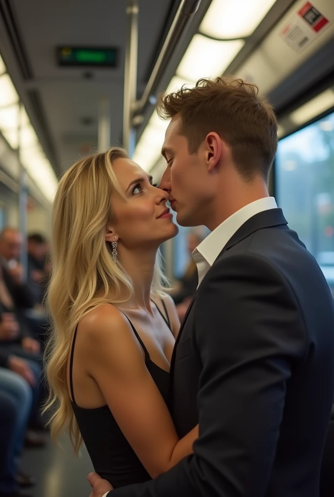 Molested by a handsome man on the train, blonde woman, beautiful, excited, squirting