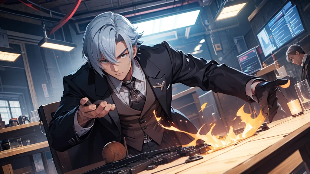 Man in an overcoat working on a technological table. He should look like the character Alerchinno from Genshin Impact.