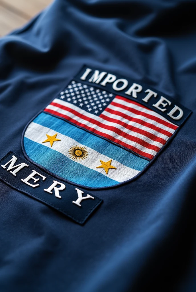 A logo on clothing imported from the United States that says: Imported Mery. That has the United States flag in the background, another argentine flag with 3 stars on this same one