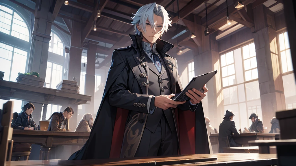 Man in an overcoat working on a technological table. He should look like the character Alerchinno from Genshin Impact.