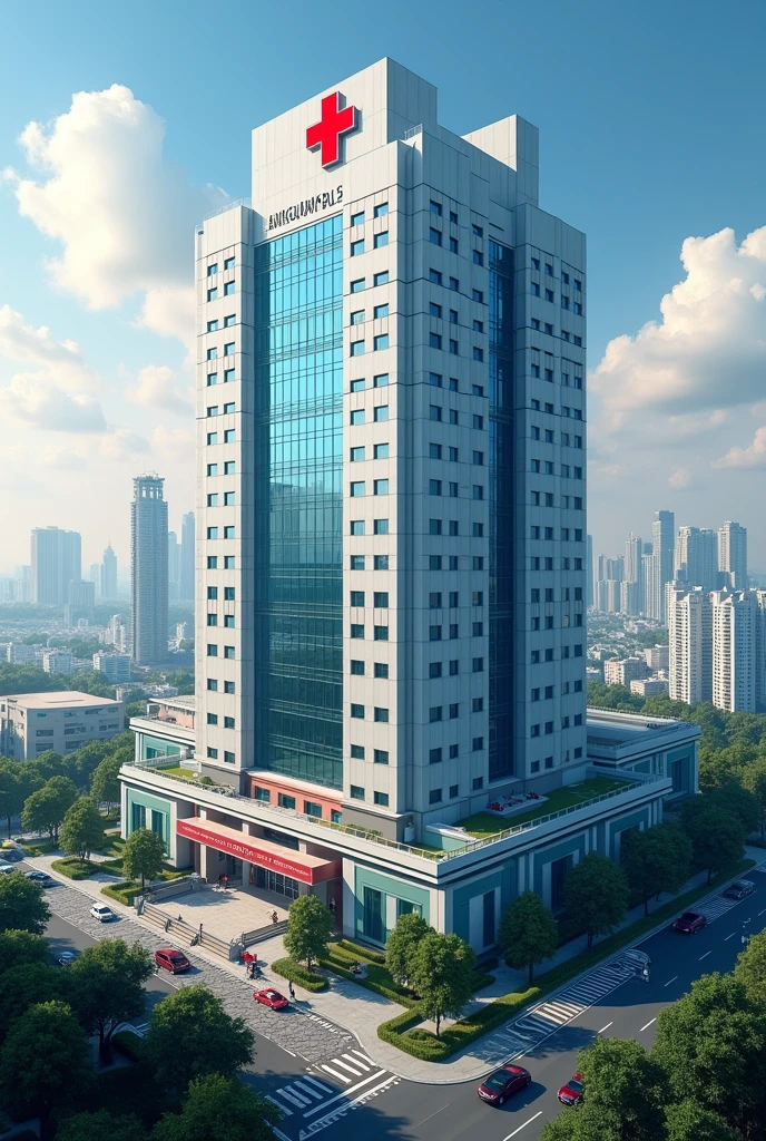 A big hospital with a red cross near a city with logo ANGAU