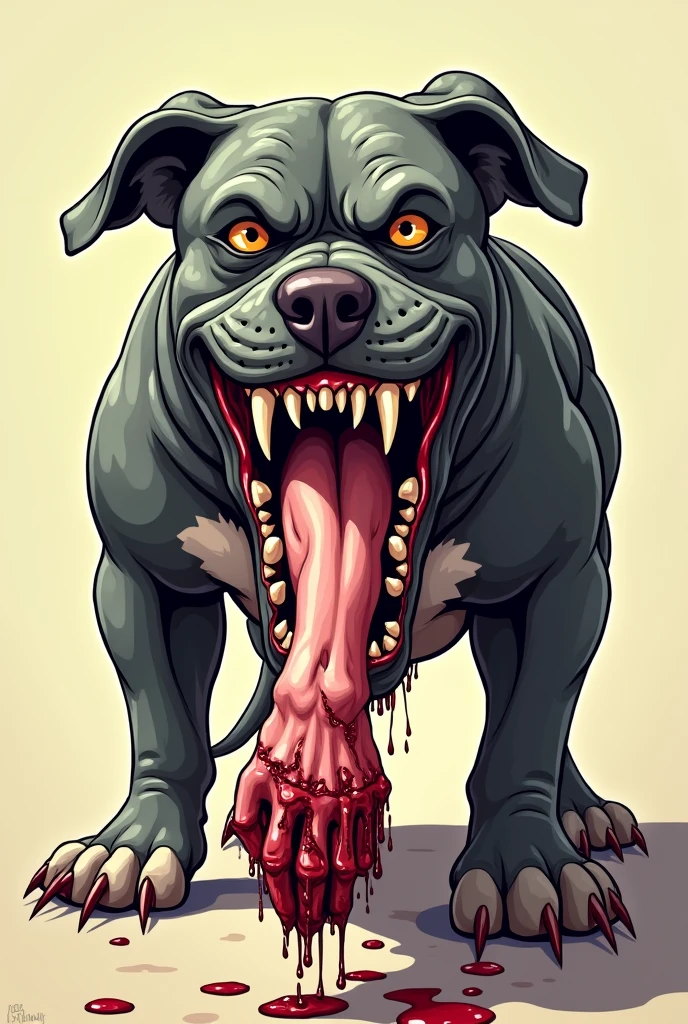 Head of a rabid pit bull with a torn arm in its mouth in a cartoon style