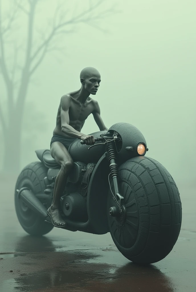 A very thin man riding a very realistic giant motorcycle with an indentic texture to that of a man.