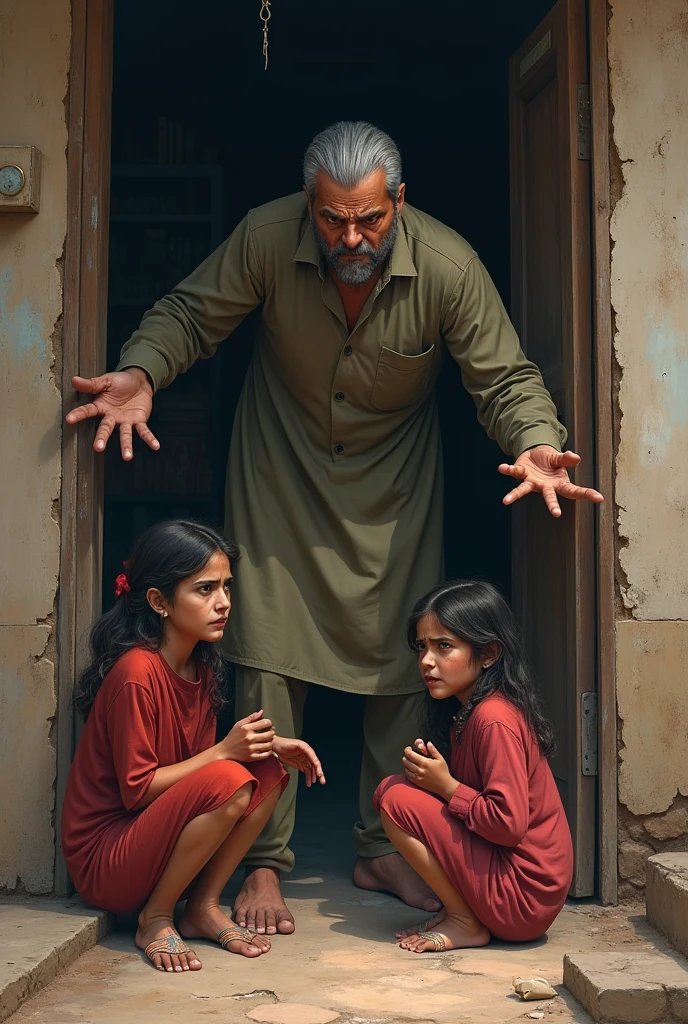 Generate a picture of wife with daughters being kicked out of house by her husband in pakistan and the daughters and wife are crying and husband is shouting