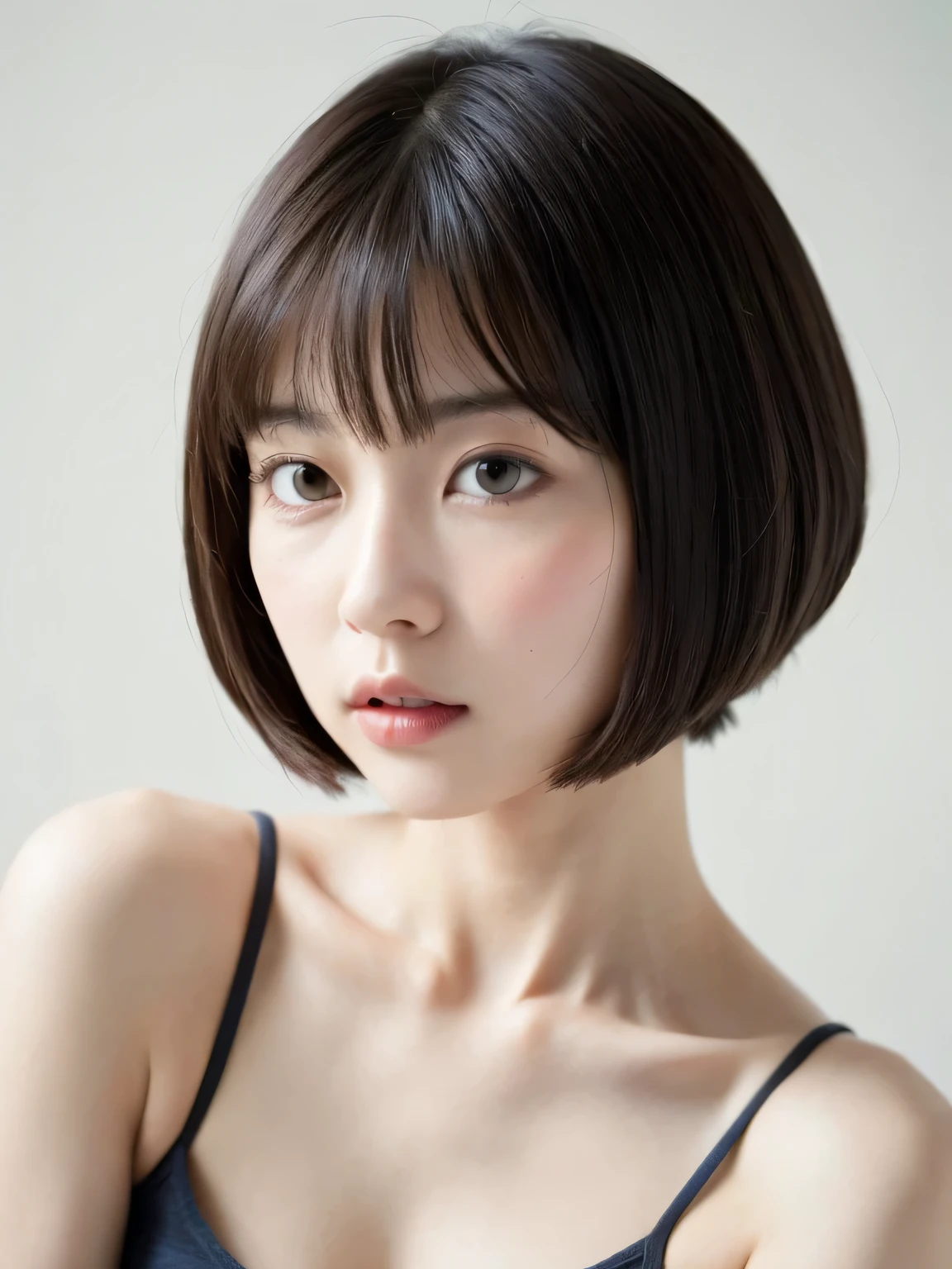 A realistic photo of a beautiful young Japanese woman with a short bob haircut and soft bangs framing her face. She has a delicate and smooth complexion, with expressive eyes and slightly parted lips. She is wearing a loose-fitting grey tank top that accentuates her slender shoulders and collarbone. The background is a minimalistic bedroom with white bedding, creating a serene and intimate atmosphere. The focus is primarily on her face and hairstyle, capturing her natural beauty and gentle expression.