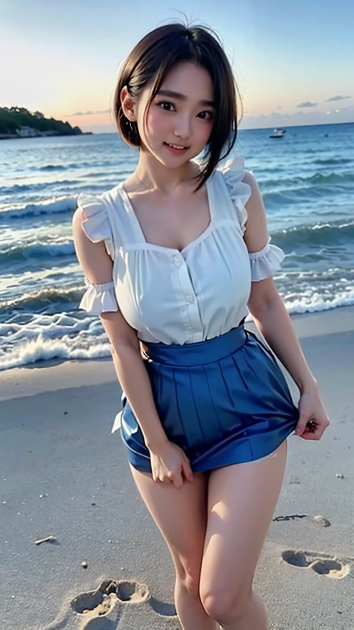 (Cute Smile、Aoi Yuki、Girl with short black hair、Cute orange hair clip)、((A white blouse clinging tightly to a blue bra、Light blue and white striped long cart))、barefoot、barefoot、((Sandy beach, sea and blue sky))、((The face is in focus and the background is blurred、Shallow depth of field))、Realistic、Standing posture、((Big Breasts、Closer valley))