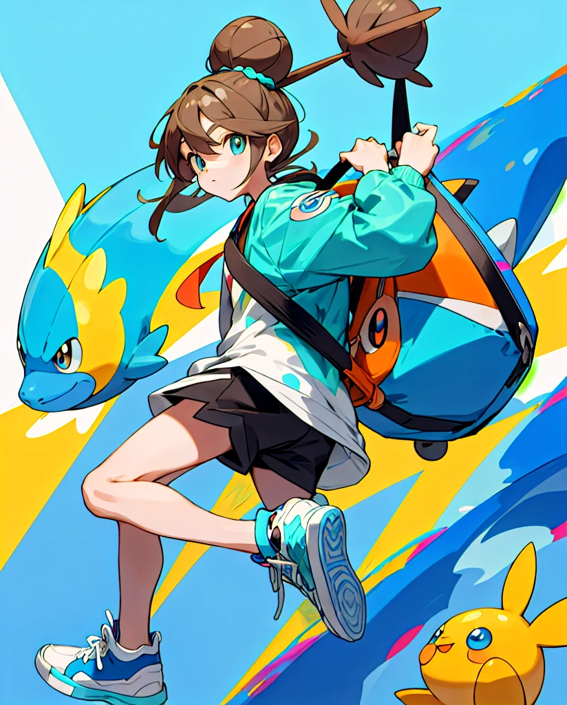 Do then

Pokemon style drawing.  Light brown bun hair, slickedback hair, dark shaped eyes. Turquoise jacket, short azul, white sneakers. Com mochila tye dye. Next to pokemon mudkip.