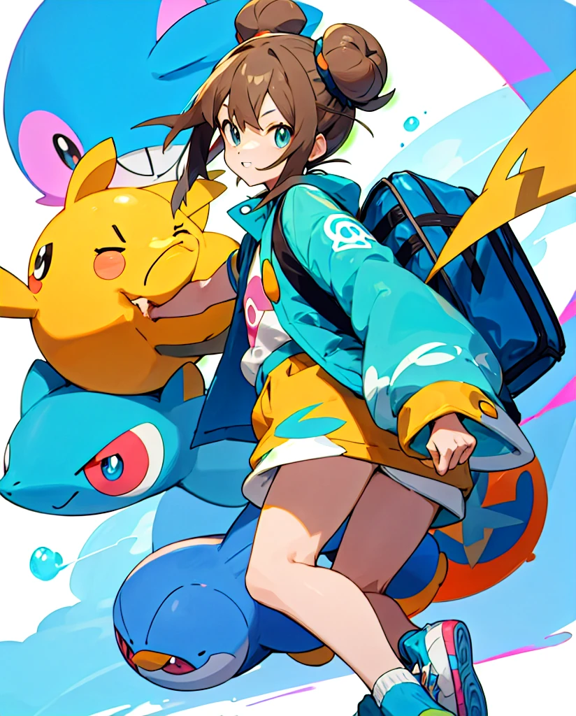 Do then
Pokemon style drawing. Light brown bun hair, slickedback hair, dark shaped eyes. Turquoise jacket, short azul, white sneakers. Com mochila tye dye. Next to pokemon mudkip.