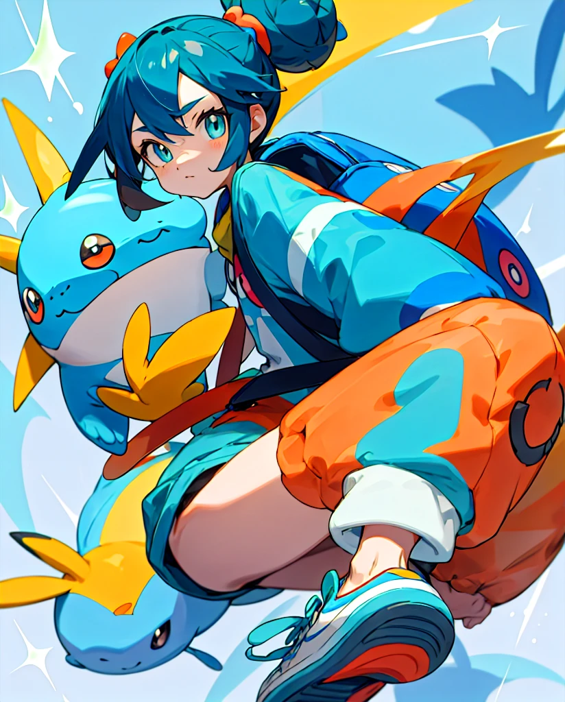 Do then

Pokemon style drawing.  Light brown bun hair, slickedback hair, dark shaped eyes. Turquoise jacket, short azul, white sneakers. Com mochila tye dye. Next to pokemon mudkip.