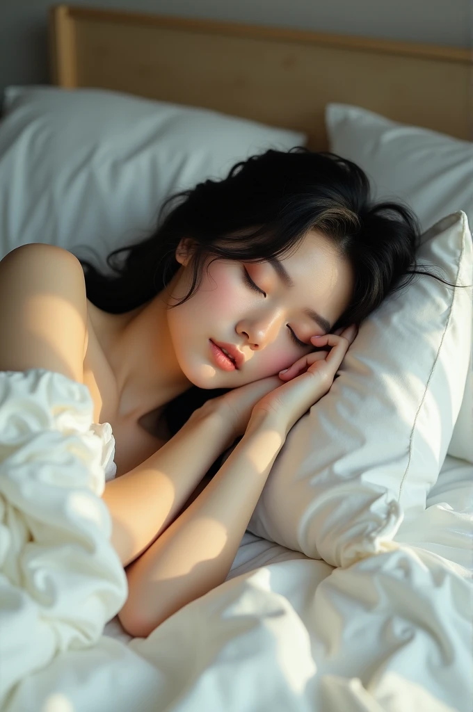 Wanita memakai baju putih tidur di kasur
