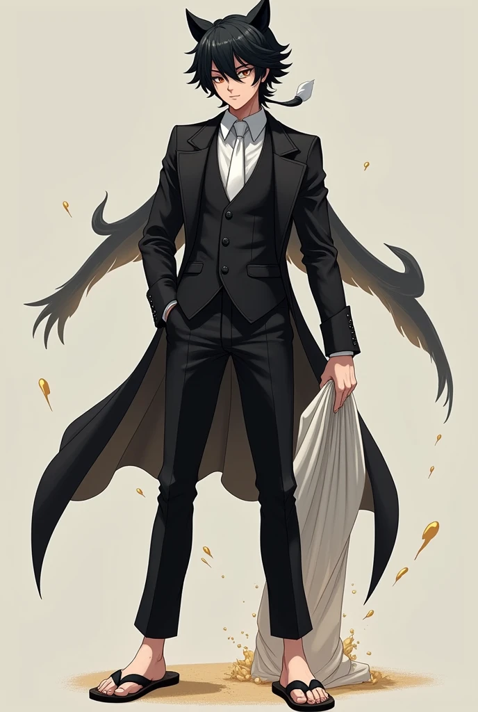Black haired character, Mink bear features, wears a black suit with a white tie, wears flip-flops and dress pants, has the sand fruit, usa or estilo of luta hokushiki, has a white cover, and is the right hand of a crew, he is 19 years old.