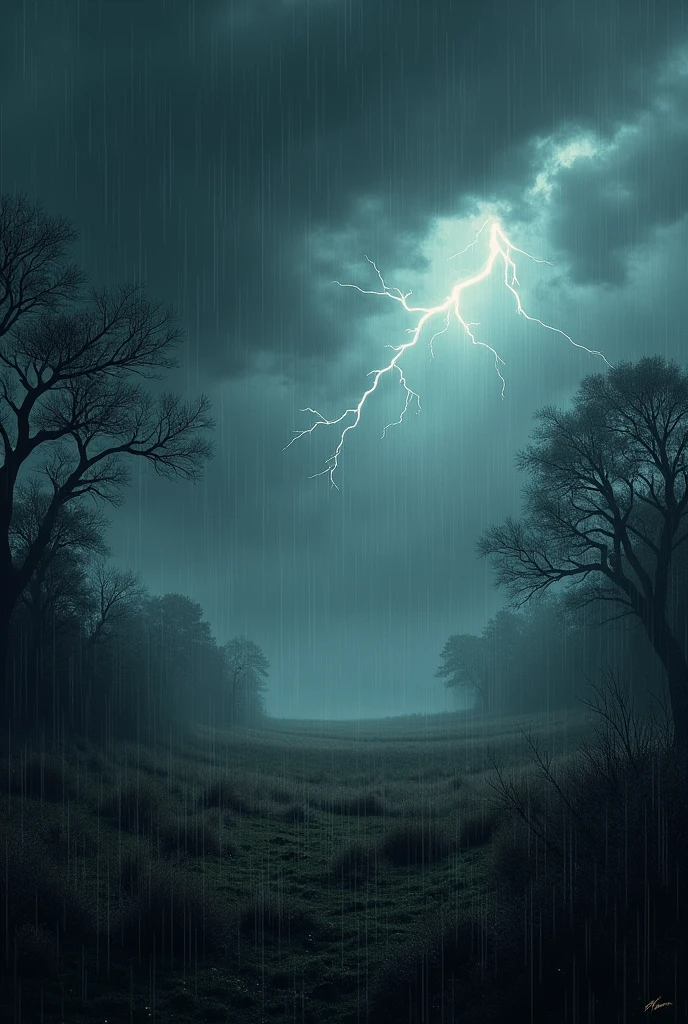 Design a t-shirt featuring a dark, stormy landscape with heavy rain and thunder. Show a windswept field or forest under a brooding, lightning-filled sky. Use realistic textures and deep, muted colors to evoke an eerie, almost horror-like atmosphere. Incorporate subtle abstract elements to enhance the sense of mystery and foreboding, creating a visually striking and chilling design.”