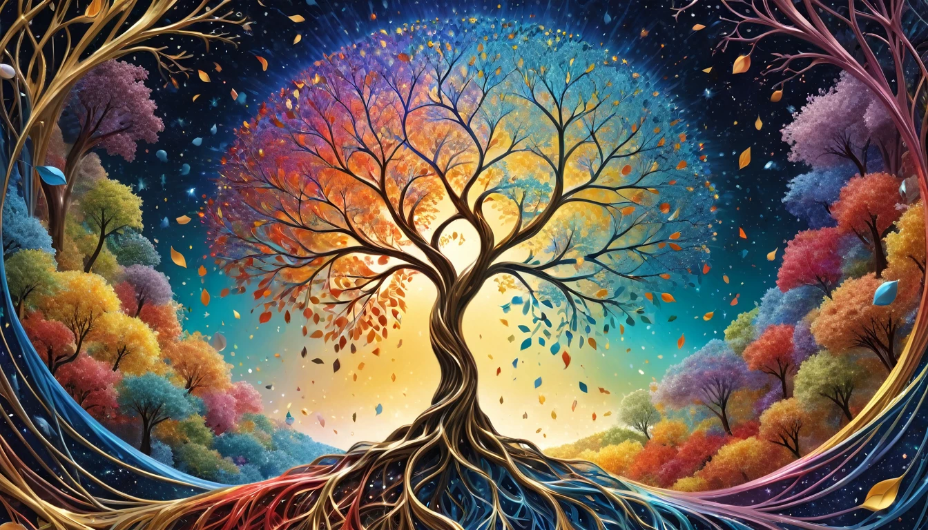 (Evolution of life)、fibonacci、the golden ratio、melted wax、Visible brushstrokes、3D Mosaic Wireframe、neural graph、neurons、the tree of life、color leaves、Farbe、Tenderness、passion、Ultra high definition、8k hd、Masterpiece artwork, metallic 3d relief