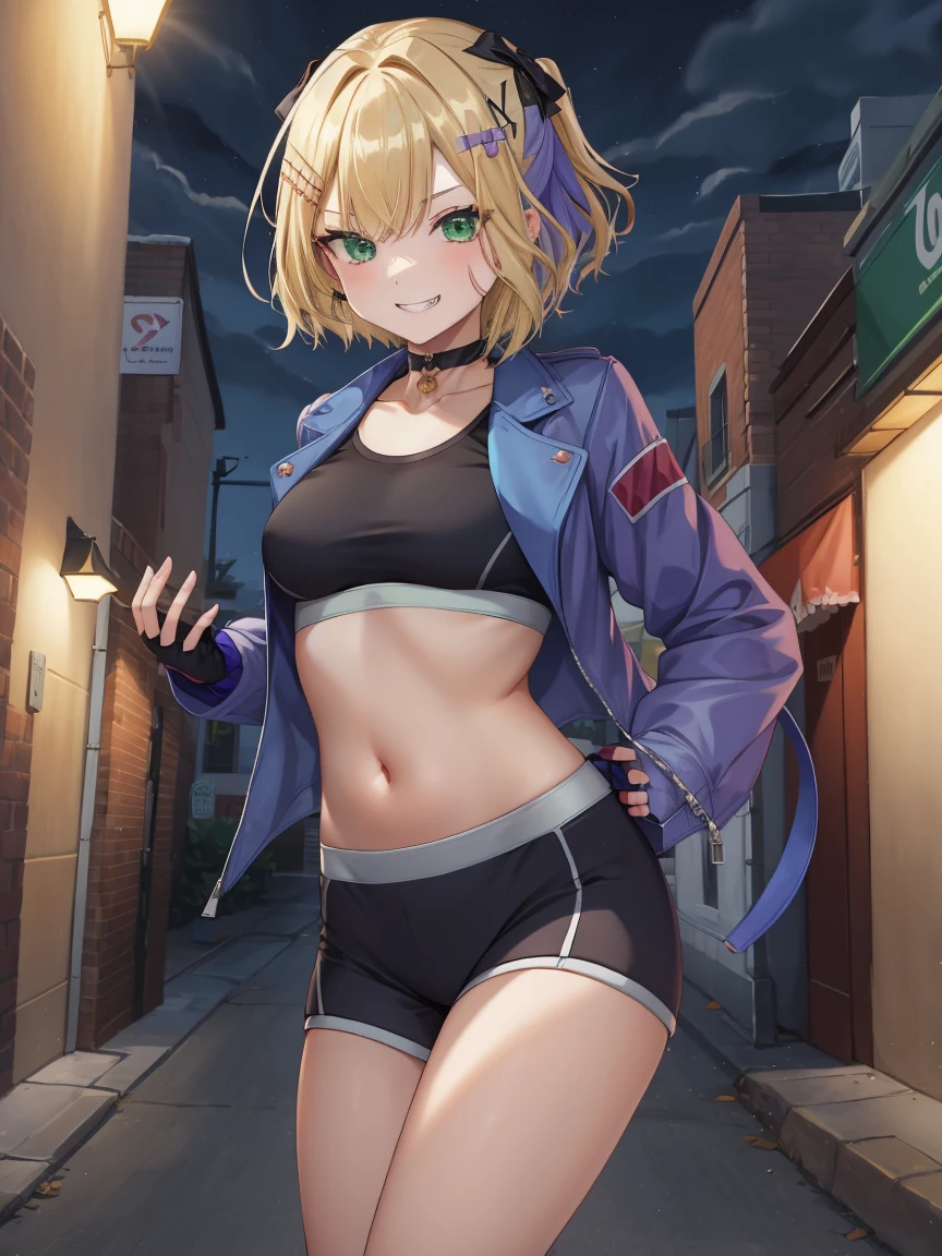 Portrait, official art, best masterpiece, best quality, best resolution, 8K, best detailed, perfect anatomy
break
Dynamic pose, fighting pose
break
1girl, solo, kurumi noah, hairclip, hair ornament, bow, jewelry, medium breasts, (Short stature:1.3), cute, Green Eyes
break
blonde hair, scar on cheek, black choker, collarbone, blue jacket, cropped jacket, open jacket, sports bra, midriff, fingerless gloves, black gloves, black pants
break
(lewd smile), grin
break
Back alley, downtown, (night, midnight, darkness:1.4), very fine and detailed 16KCG wallpapersrs