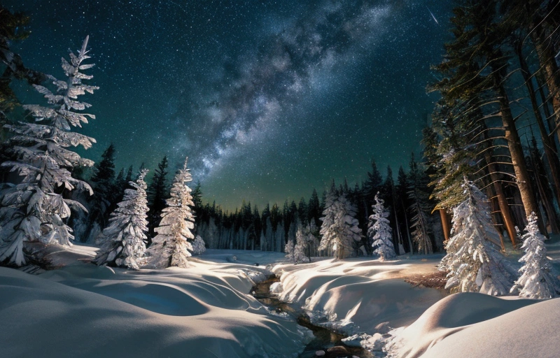 Closeup of spring flowers in a forest clearing, nighttime, Milky Way melting snow
