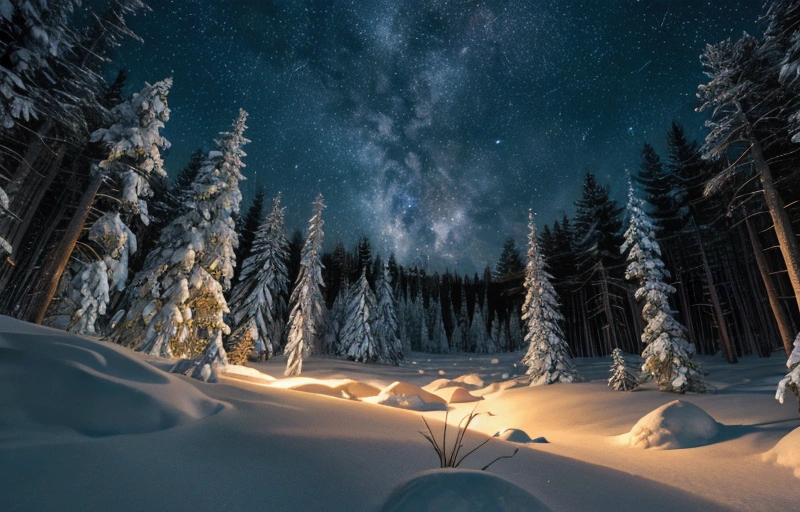 Closeup of spring flowers in a forest clearing, nighttime, Milky Way melting snow