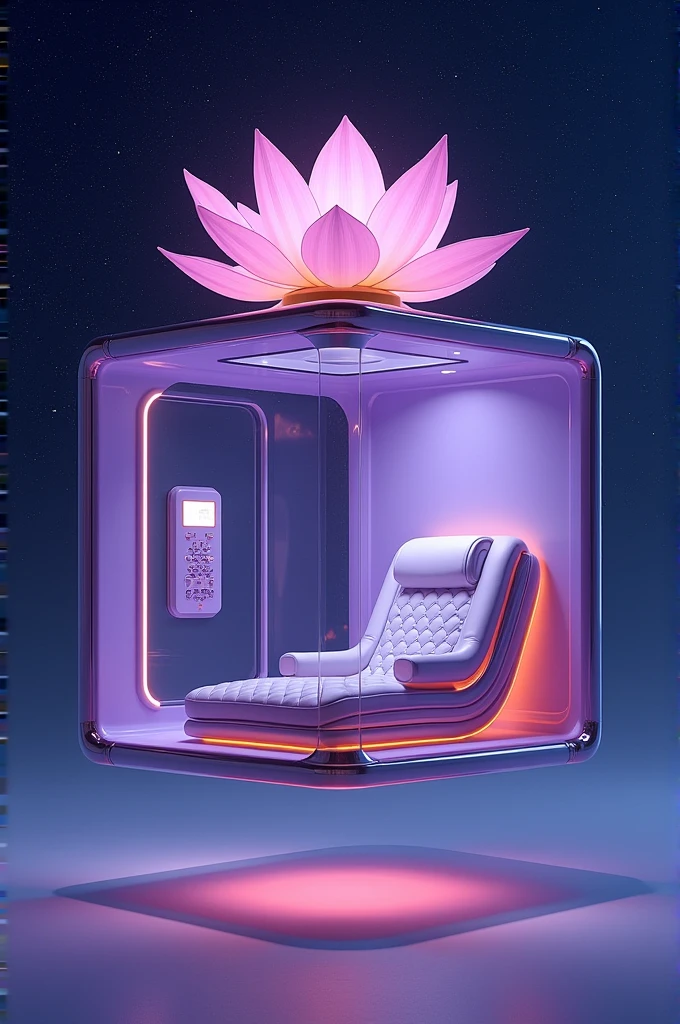 A very large violet cube with a lotus flower and violet petals with a golden outline. The cube is suspended in the universe. Inside the cube there is a panel with buttons and a massage and relaxation chair.