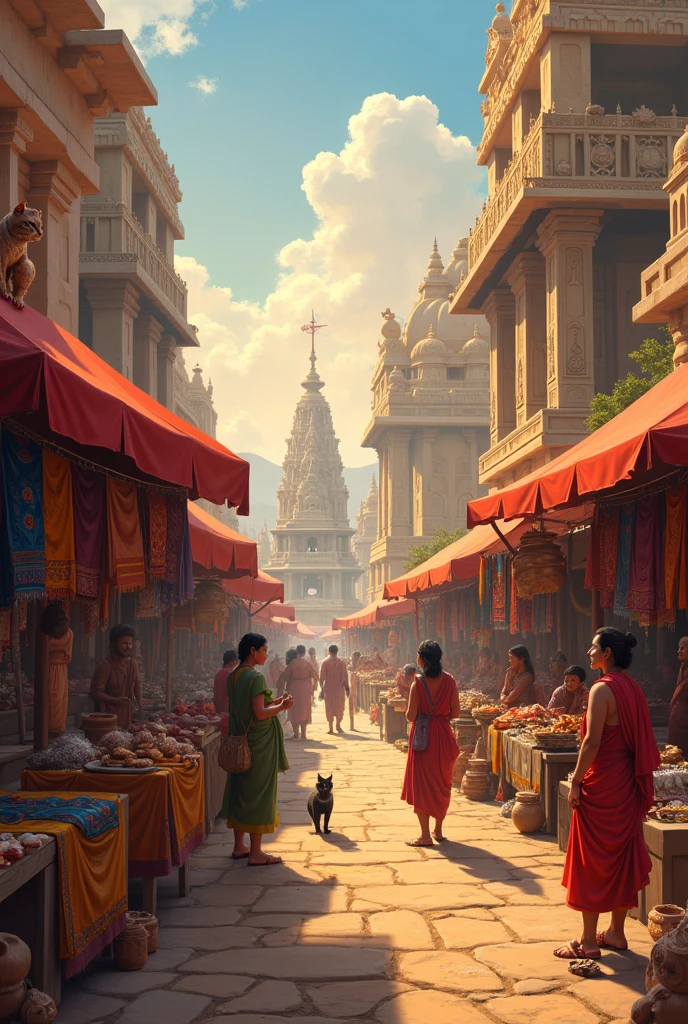 5-6th century south indian marketplace, near under construction architectural building. sculpters working on construction Vendors selling food, textiles and pottery. Cat standing on market tent. Temple resting on faraway hill. 1 customer happily admiring textiles. Child enjoying food. Evening time, sun setting behind the temple.