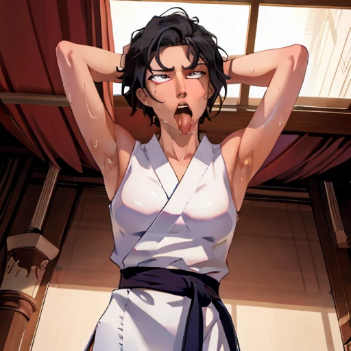 ((((masterpiece, best quality, high resolution)))), Extremely detailed 8K, 1 female, wearing a white Karate gi, (ahegao),white eyes, Small breasts, sash, japanese clothes,  No underwear,No eyeballs, Facing the audience, looking at the audience, tired, from below, (Exposed armpit:1.1), ((armpit:1.2)), sexy, Sweating, More and more sweat,(ahegao), (Roll your eyes),  open mouth, Sticking out tongue, saliva, Slobber,Skinny, raise arms, (arms above head:1.5)(Ultra HD, Ultra-detailed, Highly detailed, Highly realistic, Ultra-realistic, photograph realistic), (1girl:1.5), (Realistic black hair), (dynamic poses), facing at camera, looking at viewer, (slightly serious face), (perky breasts:1.2), (beautiful detailed face, beautiful detailed eyes), ((worn out karate gi)), (preparing for a fight), sweat, glow, (sunbeam, sunlight), ((cowboy shot)), inside a training gym, seductive, EnvyBetterHands LoCon,