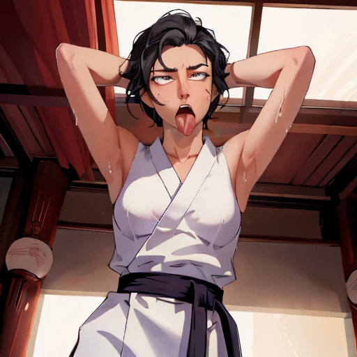 ((((masterpiece, best quality, high resolution)))), Extremely detailed 8K, 1 female, wearing a white Karate gi, (ahegao),white eyes, Small breasts, sash, japanese clothes,  No underwear,No eyeballs, Facing the audience, looking at the audience, tired, from below, (Exposed armpit:1.1), ((armpit:1.2)), sexy, Sweating, More and more sweat,(ahegao), (Roll your eyes),  open mouth, Sticking out tongue, saliva, Slobber,Skinny, raise arms, (arms above head:1.5)(Ultra HD, Ultra-detailed, Highly detailed, Highly realistic, Ultra-realistic, photograph realistic), (1girl:1.5), (Realistic black hair), (dynamic poses), facing at camera, looking at viewer, (slightly serious face), (perky breasts:1.2), (beautiful detailed face, beautiful detailed eyes), ((worn out karate gi)), (preparing for a fight), sweat, glow, (sunbeam, sunlight), ((cowboy shot)), inside a training gym, seductive, EnvyBetterHands LoCon,