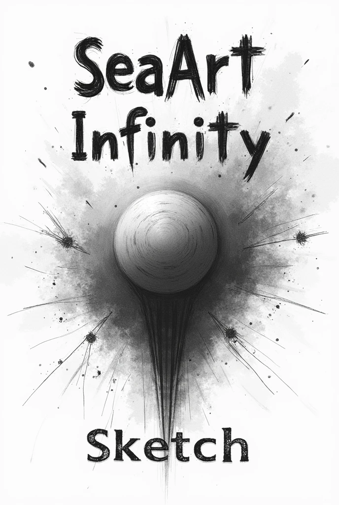 Create a creative poster for "SeaArt Infinity," with the title in a rough, sketch-like font at the top. The background should feature hand-drawn elements, pencil textures, and sketch lines that give the design a raw, artistic feel. Below the title, include the word "Sketch" in a complementary sketch-style font. Use a monochromatic color scheme with shades of black, grey, and white to emphasize the hand-drawn quality.