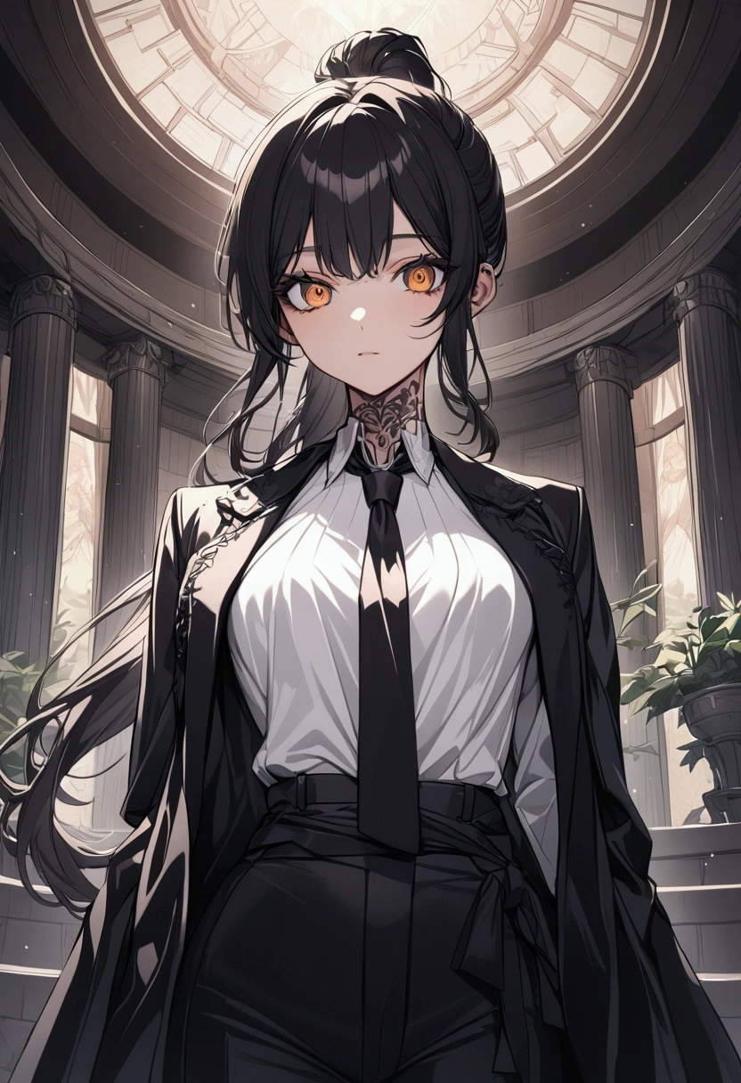 anime girl, black hair, hair in a ponytail, brown eyes, white shirt, half-loose tie, neck tattoo, ultra quality, ultra detailed, detailed eyes, dark colors. elegant, stritorium