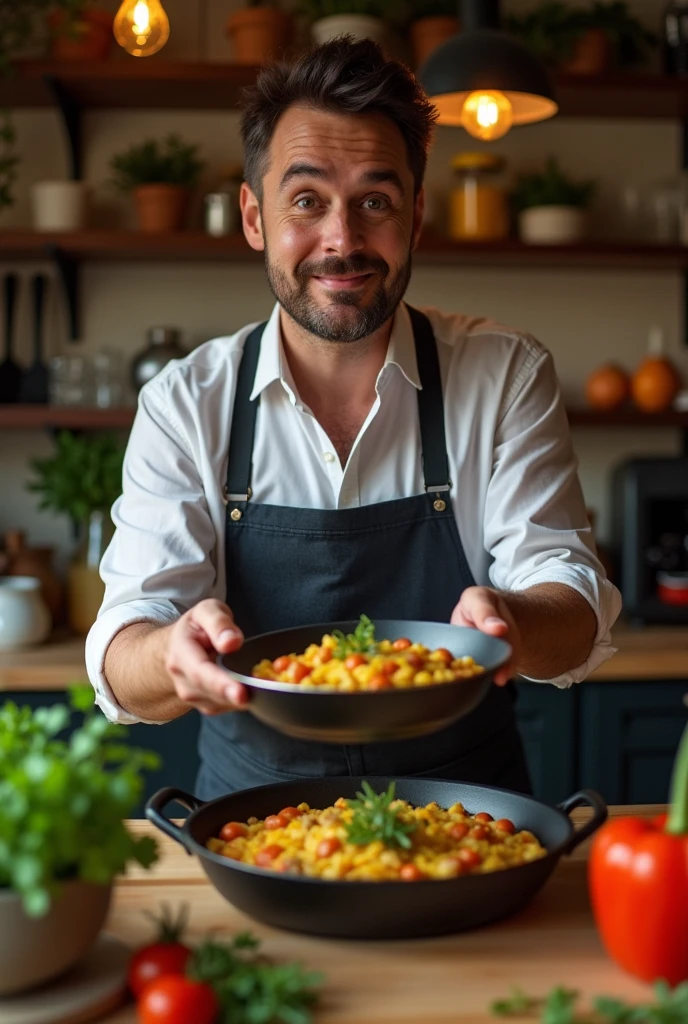 A man in a kitchen with a pan of food and a camera tasting something like a food blogger