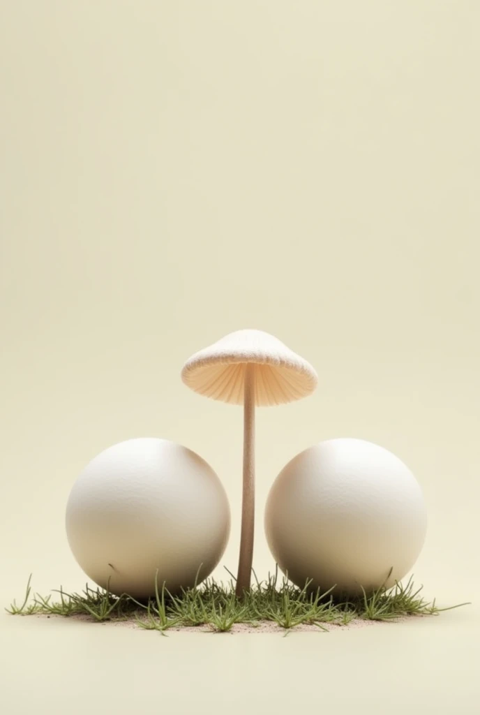 Two identical balls, touching the stem of a mushroom. The mushroom has a small head at the top and a thin stem that connects to the balls at the base.. The balls and the mushroom are on the ground, creating a symmetrical and harmonious composition."