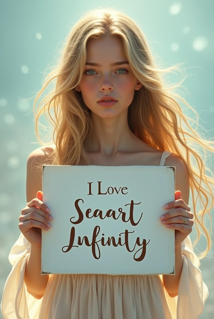 Beautiful girl with wavy long hair, bohemian dress, holding a white board with text "I Love Seaart Infinity" and showing it to the viewer