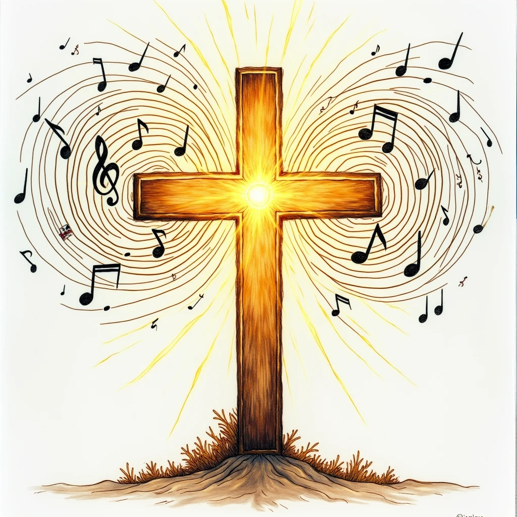Drawing of a shining cross, with musical notes and many circular sound waves that echo.