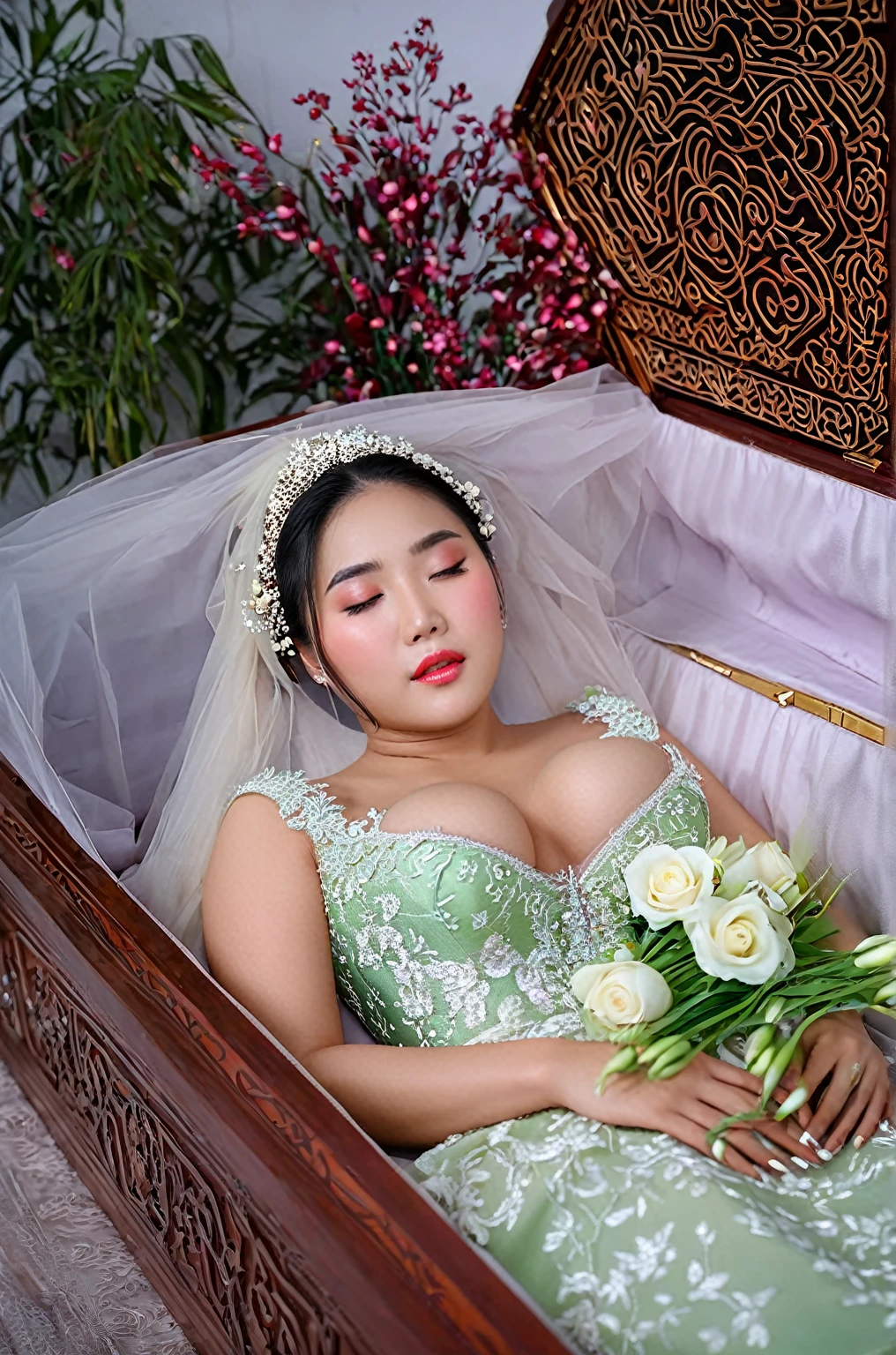 In a striking 8K HDR scene, a stunning Korean woman, 22 years old, lies peacefully in a long coffin and coffin lid beside the dead body. surrounded by plush pillows behind head. The deep box is set against a rich white background, accentuating the beauty of the subject. Her exquisite deep-V neckline kebaya attire is embroidered with superb detail, showcasing her round and firm breasts, perfect cleavage, and beautiful eyebrows. Her closed eyes and mouth give an air of serenity, while her visible and absolute cleavage leave nothing to imagination. The scene is bathed in saturated colors, highlighting every intricate aspect from the ball skirt to her clean face, straight body, detailed hand perfect hands, straight body, own hands together, own hand on stomach, detailed hands, perfect hands, holding the flowers