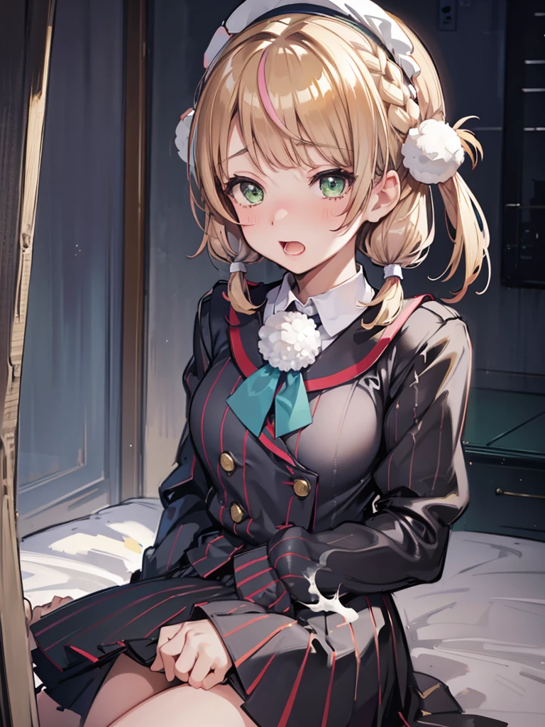 brest out, nipples out, ui1, 1girl, solo, hair rings, green eyes, pom pom hair ornament, sailor collar, long sleeves, striped jacket, braid, vertical_striped skirt, vertical stripes, beret, sidefellatio, fellatiofrom side,1boy, perfect penis, fellatio, cum, maid, (embarrassed:1.5), open mouth, (((cum on facial))), detailed face, best quarity, smile, afterglow, aroused, cum on hair, pojecile cum, bukkake