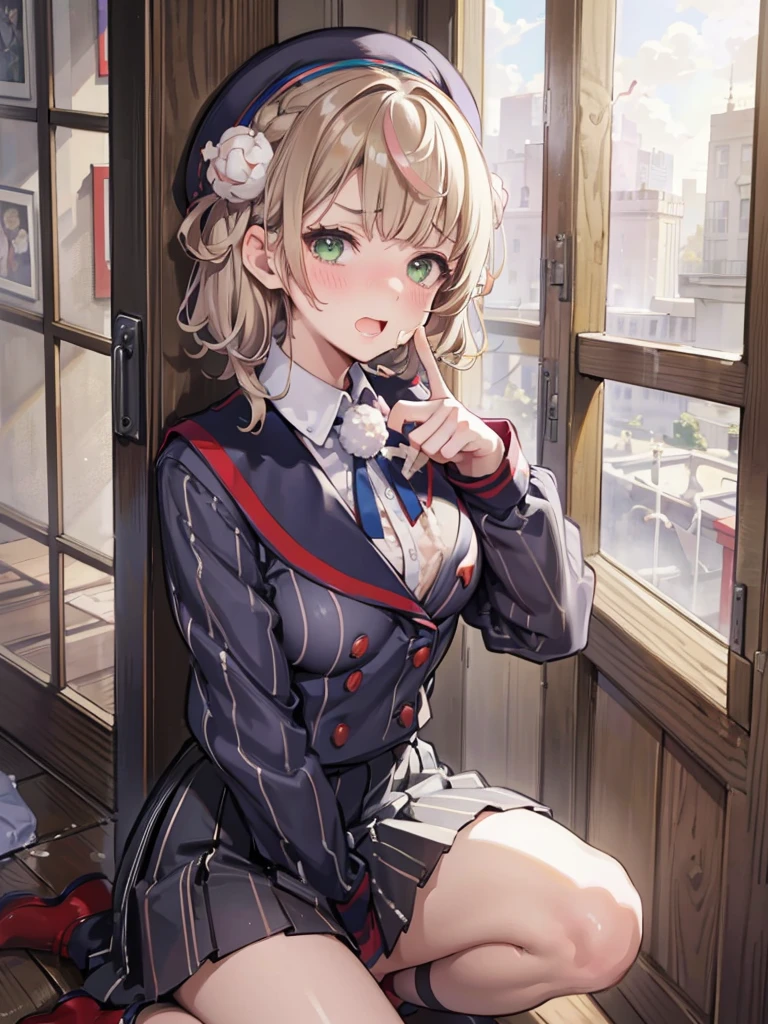 brest out, nipples out, ui1, 1girl, solo, hair rings, green eyes, pom pom hair ornament, sailor collar, long sleeves, striped jacket, braid, vertical_striped skirt, vertical stripes, beret, sidefellatio, fellatiofrom side,1boy, perfect penis, fellatio, cum, maid, (embarrassed:1.5), open mouth, (((cum on facial))), detailed face, best quarity, smile, afterglow, aroused, cum on hair, pojecile cum, bukkake
